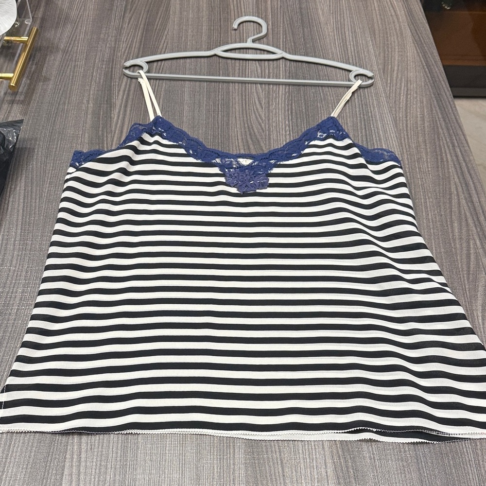 Navy and White Striped Camisole with Lace Detail (100% silk)